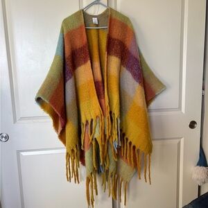 Plush Multicolor Fringe Poncho - Mustard, Rust & Sage